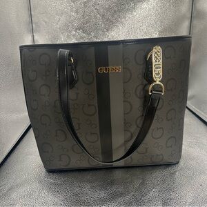 GUESS Gray and Black Logo Stripe Tote with Gold Accent